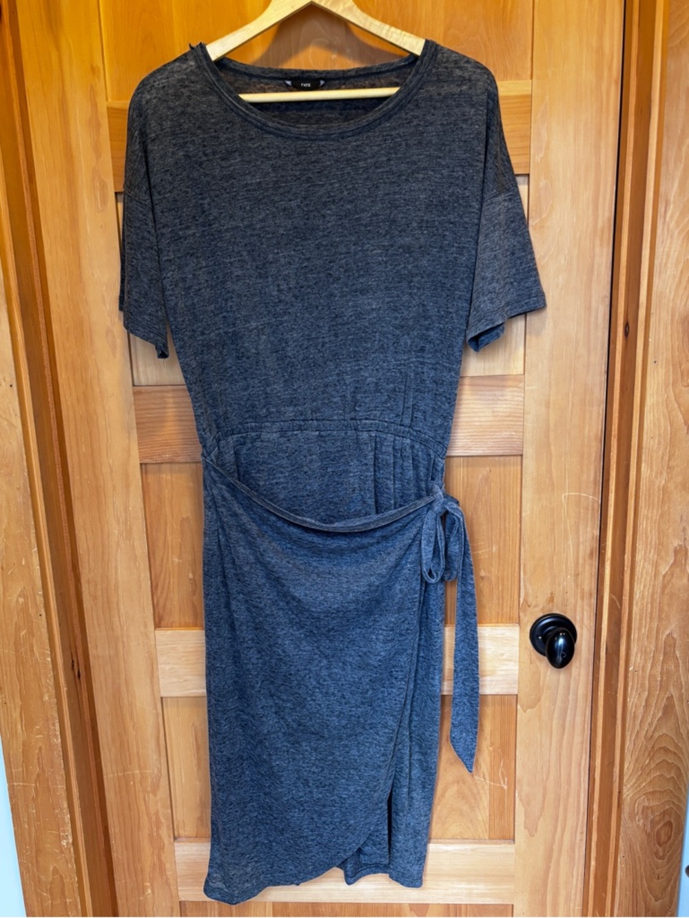 Fate Charcoal Grey Midi Tie-Waist Knit T-Shirt Dress - Size L